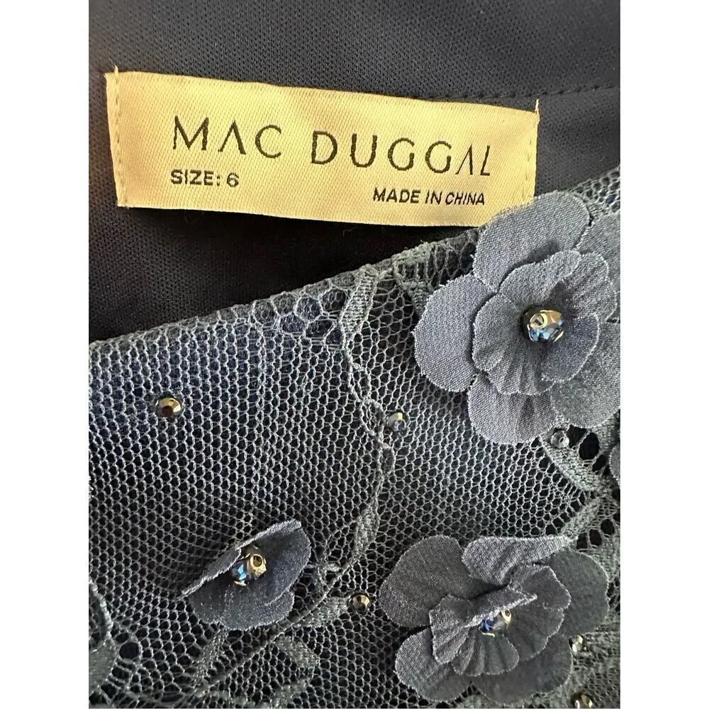 MAC DUGGAL FLORAL APPLIQUE BOAT NECK SHORT SLEEVE GOWN 67711 MIDNIGHT BLUE SIZE